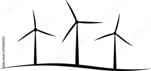 Three stylized wind turbines on a grassy hill in a simple black and white drawing