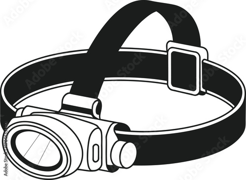 Black and white illustration of a headlamp with adjustable strap
