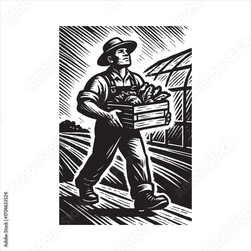 Vintage Style Illustration of Farmer Carrying Harvested Vegetables from Farm to Market Agriculture and Healthy Lifestyle Depicted in Black and White