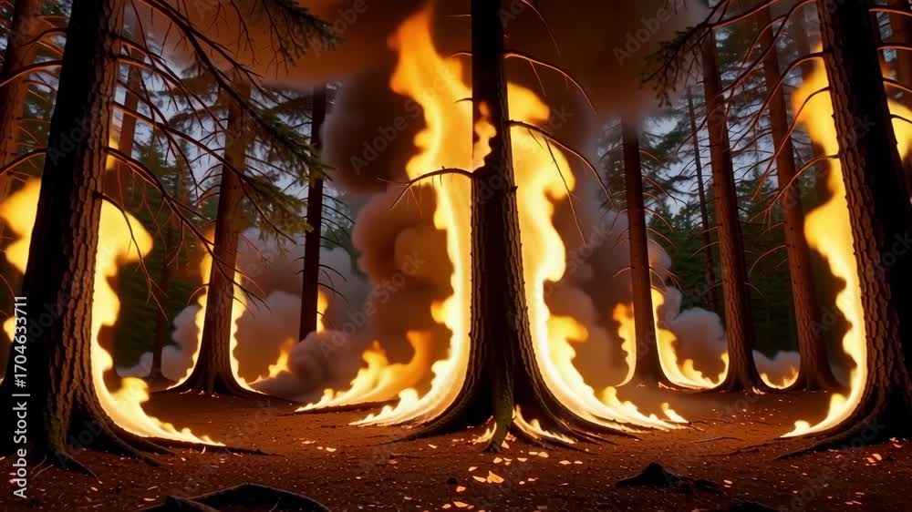 Title: Intense forest wildfire burning trees with flames and smoke in ...