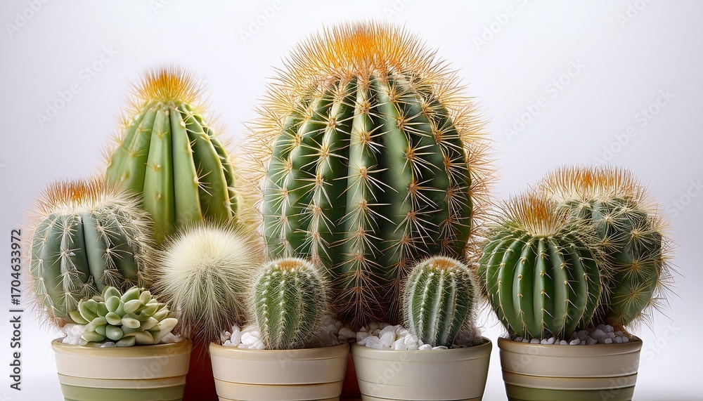 Obraz premium Detailed Close Up Of Multiple Cacti Species Commonly Used As Ornamental Plants On A White Surface
