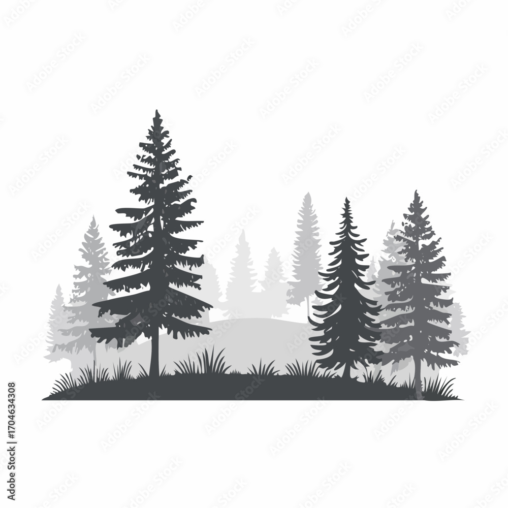 Obraz premium Glade in taiga. Coniferous forest with firs and pines. Landscape with trees and grass. Silhouette picture. Isolated on white background. Vector.