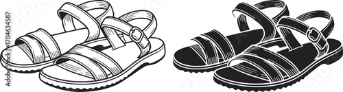 Line art drawing of two pairs of sandals one outline and one filled