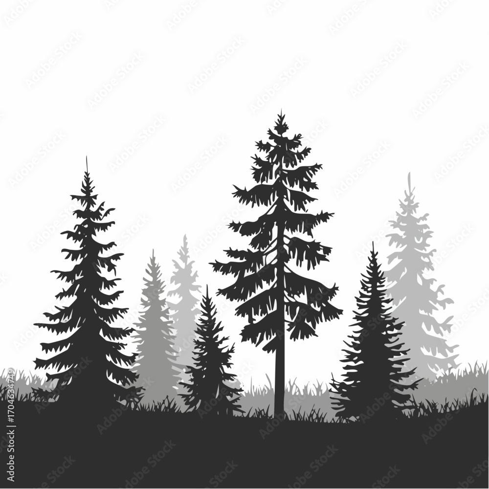 Fototapeta premium Glade in taiga. Coniferous forest with firs and pines. Landscape with trees and grass. Silhouette picture. Isolated on white background. Vector.