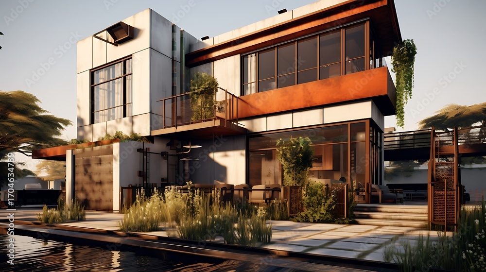 Obraz premium Exterior view of an architectural complex, featuring a sleek modern design in tranquil ambiance