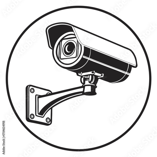 Black and white illustration of a security camera inside a circular frame on a white background