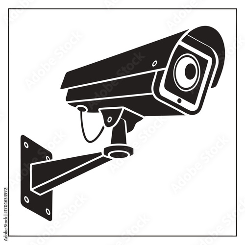 Black and white illustration of a security camera with a wall mount and cable detail cctv surveillance