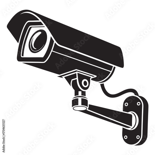 Black Silhouette of a Security Camera with a Wall Bracket and Wire Keywords: security camera, surveillance, cctv, camera, monitoring, recording, protection, safety, technology, equipment, device