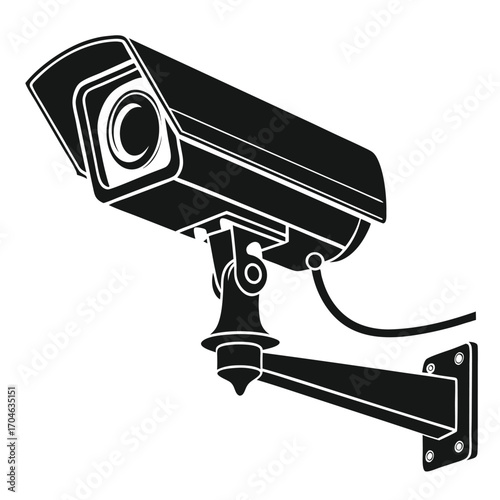 Black silhouette of a security camera with a visible cable and lens on a white background surveillance camera