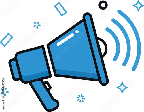 Blue Megaphone Announcing News with Sound Waves and Confetti