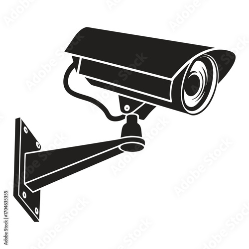 Black silhouette of a surveillance camera with a curved housing and a visible cable on a white background