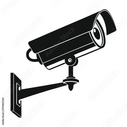 Black silhouette of a surveillance camera with a visible lens and mounting bracket on a white background