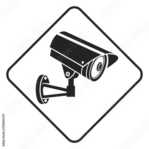 Black silhouette of a surveillance camera within a diamond-shaped frame on a white background
