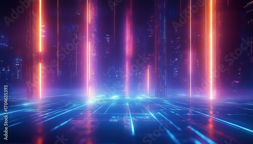 Futuristic digital landscape with glowing vertical neon light beams and a grid-like floor emitting vibrant blue and purple hues creating a high-tech immersive atmosphere