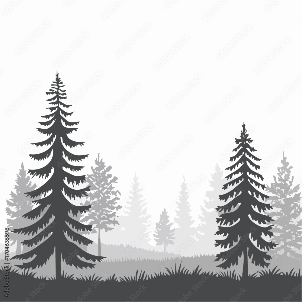 Obraz premium Glade in taiga. Coniferous forest with firs and pines. Landscape with trees and grass. Silhouette picture. Isolated on white background. Vector.