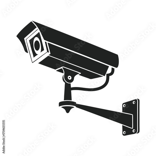 Black silhouette of a surveillance security camera mounted on an adjustable bracket on a white background