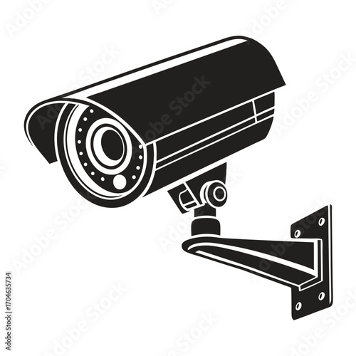 Detailed black silhouette of a surveillance camera with a textured lens and mounting bracket on a white background