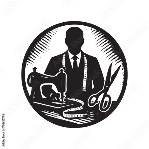 Classic Tailor Emblem with Sewing Machine Scissors and Mannequin Silhouette in Black and White Design for Fashion and Apparel Businesses