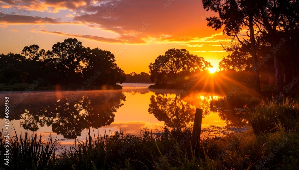 Obraz premium Sunrise over a calm lake, vibrant colors reflected in the water, silhouetted trees frame the scene