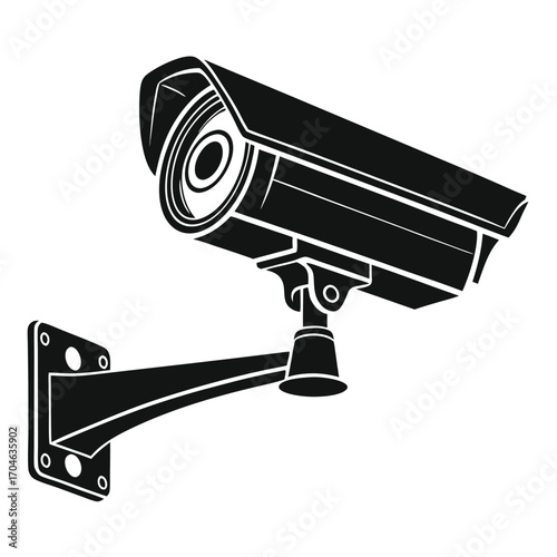 Silhouette of a security camera mounted on a wall bracket against a white background cctv surveillance