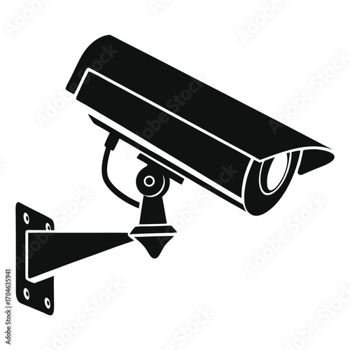 Simple black silhouette of a surveillance camera mounted on a wall bracket against a white background