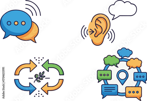 Communication Icons: Speech Bubbles, Listening, and Collaboration