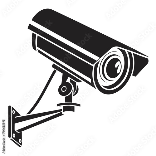 Stylized Black Silhouette of aCTV Camera with Visible Lens Details on a White Background cctv