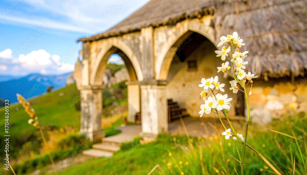 Obraz premium Rustic cottage with flowers in a serene mountain landscape
