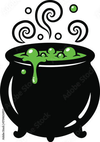 Vector art of a black cauldron with green potion bubbling and steaming