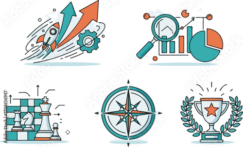 Business Growth Strategy Icons: Rocket Launch, Data Analysis, Chess Strategy, and Compass Direction