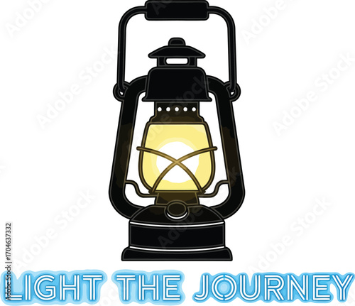 Vector art of "light the journey," a lantern with glowing light, guiding exploration