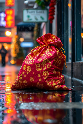 Wallpaper Mural Bright vibrant colors, wet rainy scene. A vibrant Christmas sack adorned with intricate golden, drizzling rain, reflective surfaces, lively and energetic Torontodigital.ca