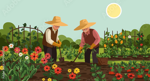 Two Elderly People Gardening in a Sunny Field with Flowers and Vegetables
