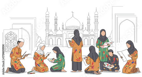 Group Of Muslim People Painting Outdoors In Front Of Mosque Architectural Style Flat Illustration