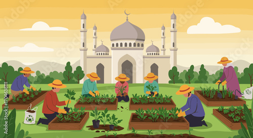 Pixelated Garden Scene Featuring Farmers Cultivating Vegetables Near A Mosque Under A Bright Yellow Sky