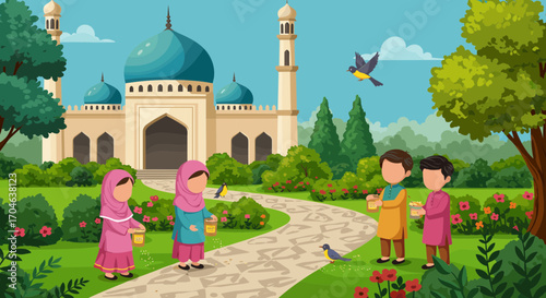 Children Near a Mosque in a Lush Green Park with Pixelated Floral Elements and Birds in Flight