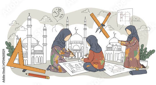 Flat Illustration Of Architects Working On Blueprints At Workspace With Drafting Tools