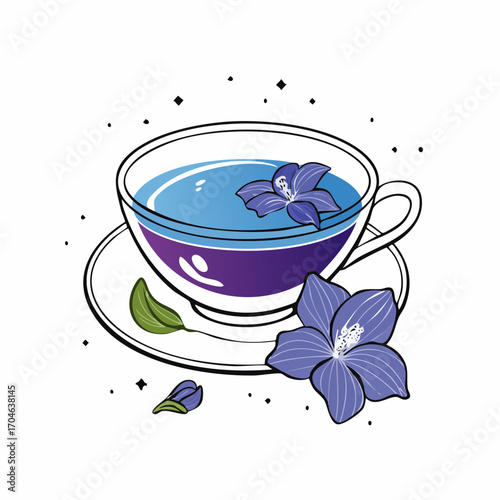 Elegant hand-drawn vector illustration of a celestial blue floral tea infusion in a classic teacup with saucer