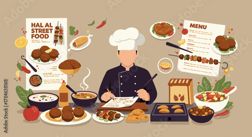 Chef Standing Behind Counter Surrounded By Food Dishes and Menu In Flat Illustration Style
