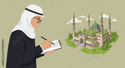 Arab Man Sketching Architectural Building Facade And Mosque Illustration Design