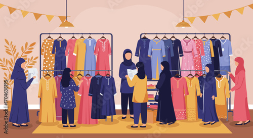 Flat Illustration of a Clothing Store Interior with Women Browsing Colorful Dresses Displayed on Racks and Festive Banners