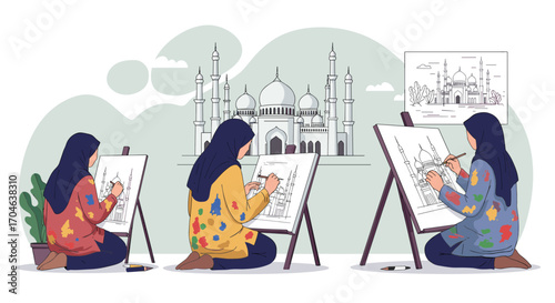 Three Muslim Women Sketching A Mosque Scene On Easels In A Colorful Pixel Art Illustration