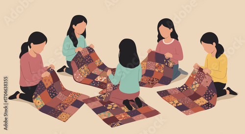 Group Of Women Quilting Together Flat Illustration With Brown Patchwork Quilts On Beige Background