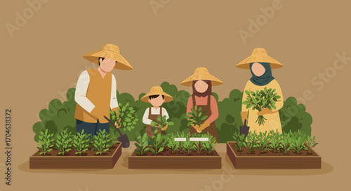 Family Gardening Together Harvesting Vegetables in Brown And Green Tones Flat Illustration