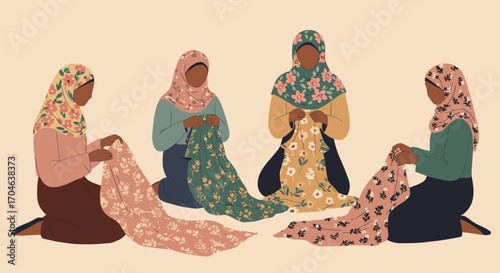 Flat Illustration Of Four Women Wearing Hijabs Working With Floral Patterned Fabrics On Cream Background