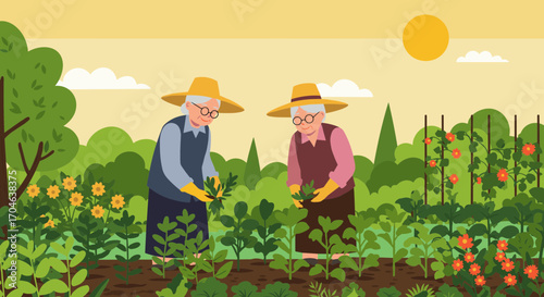 Two Elderly Women Gardening Vegetables In A Sunny Garden Flat Illustration
