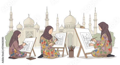 Three Women Painting In Front Of Mosque Building On White Background Wearing Headscarves And Colorful Outfits