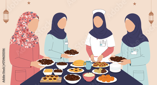 Muslim Women Preparing Food For Ramadan Dinner Gathering Together At A Table With Various Dishes And Desserts Illustration