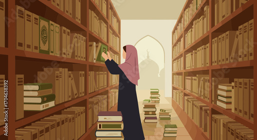 Woman in Modest Attire Selecting Book from Library Shelf with Pixelated Style in Warm Brown Tones