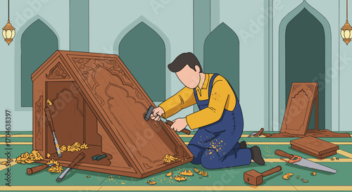 Male Carpenter Wearing Yellow Shirt And Blue Overalls Working On Wooden Furniture Inside A Building with Green Carpeted Floor